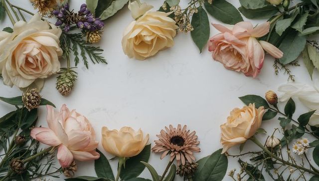 Peach and ivory floral frame arranging on white marble for wedding stationery