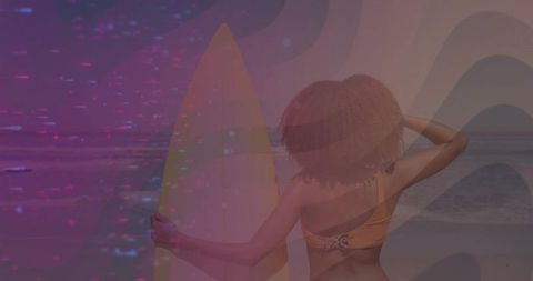 Woman holding surfboard at ocean sunset with magenta double exposure and vibrant waves