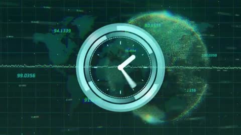 Futuristic Digital Clock Overlay on World Map and Data