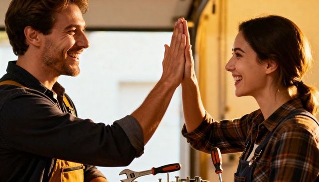 Young couple high-fiving after diy repair at garage workbench showing teamwork and joy