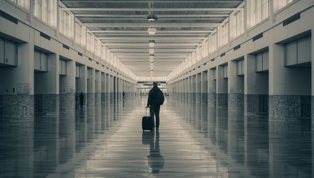 Solo traveler walking through empty airport terminal pulling suitcase with reflections