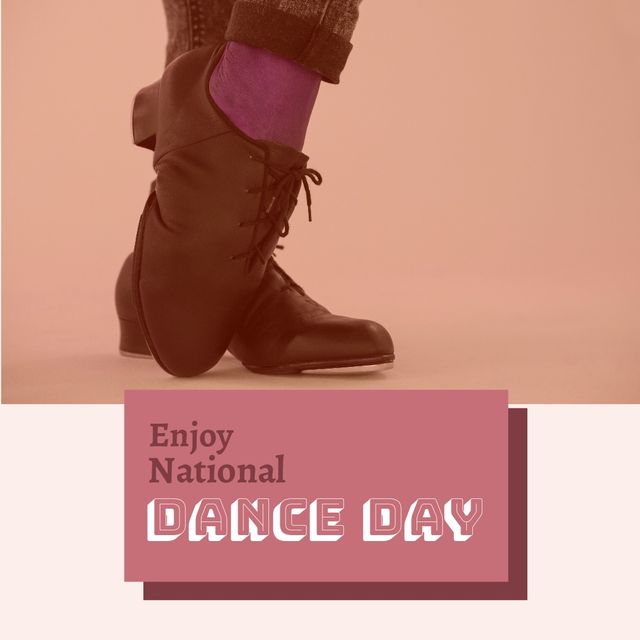 Image features a dancer's feet in black dancing shoes, with vibrant socks, against a solid-colored background with a message promoting National Dance Day. Ideal for use in promotions, social media posts, and advertisements celebrating National Dance Day or any dance-related event or festivity.