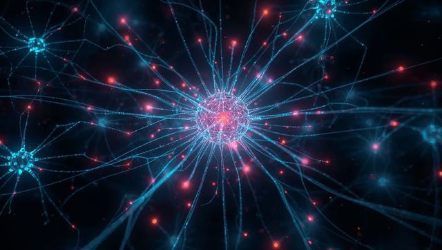 Radiating central neural node emitting glowing filaments and red synapse signals