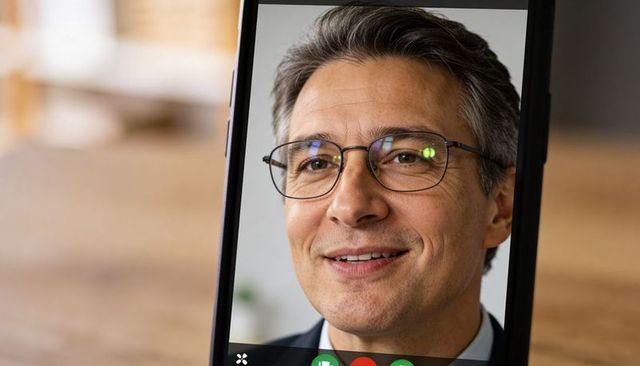 Businessman wearing glasses smiling during smartphone video call with call controls