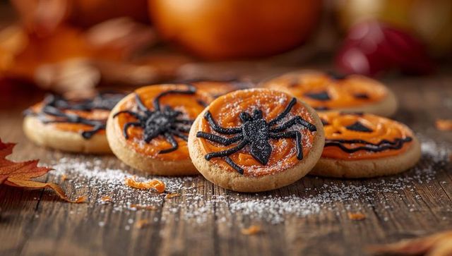 Festive Spider-Detailed Halloween Cookies on Rustic Wooden Table
