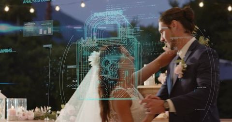 Bride and groom dancing at outdoor wedding with holographic cybersecurity lock overlay