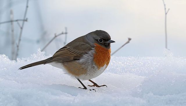 Orange-throated robin standing on snow with frost crystals and dried winter stems close-up
