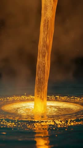Glowing gold stream falling into teal pool, shimmering ripples and golden droplets, vertical video
