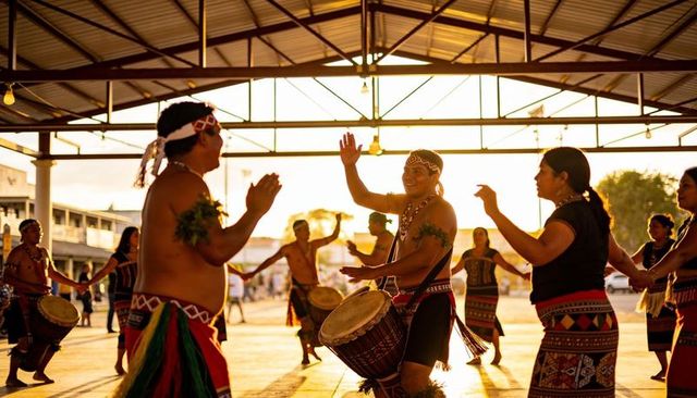 Golden sunset drum circle celebrating rhythm: drumming and dancing under pavilion