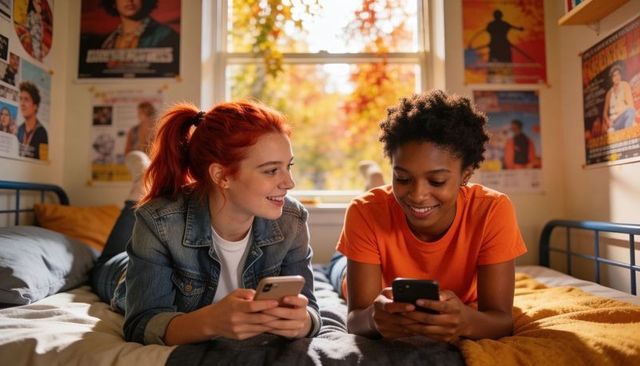 College roommates lounging on bed, smiling and scrolling smartphones in sunlit dorm room