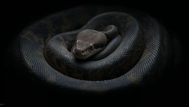 Coiling dark-patterned python with textured scales in dramatic low-key studio lighting