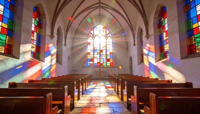 Sunlight streaming through stained-glass windows casting vibrant patterns across chapel nave