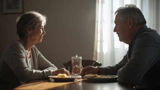 Senior couple enjoying warm breakfast together in cozy kitchen with natural light