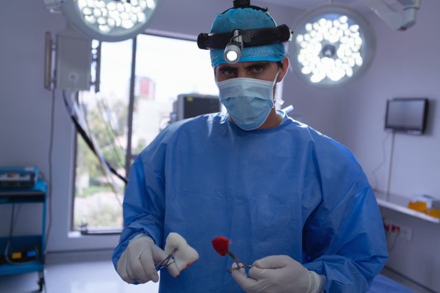 Male surgeon in advanced operating room performing surgery with headlight and surgical instruments. Ideal for use in medical articles, healthcare advertisements, surgical training materials, hospital brochures, and healthcare recruitment campaigns.