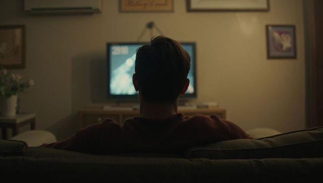 Watching late-night tv from sofa, man sitting relaxed in dim cozy living room with wooden console