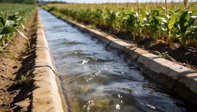 Concrete irrigation canal flowing through cornfield under sunlight, agricultural waterway