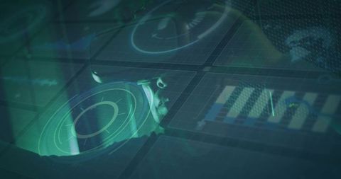 Mature korean man scanning holographic radar hud over translucent dataviz dashboards, teal