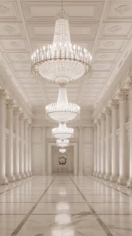 Gliding through Neoclassical Palace Hall with Crystal Chandeliers and Marble Reflections