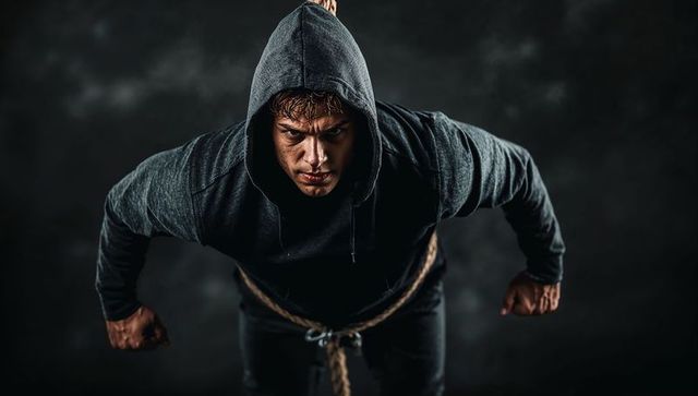 Focused athlete in hoodie training with resistance rope