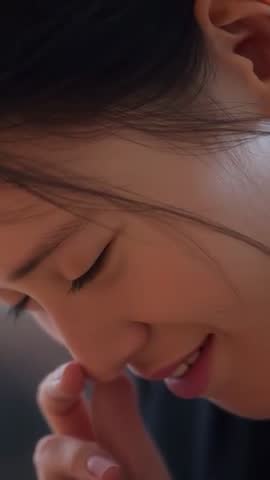 Woman touching fingertip and smiling softly in warm vertical closeup headshot video