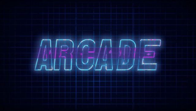 Glowing Neon Arcade Sign with Futuristic Grid Background
