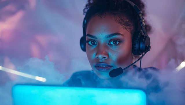 Streaming gamer woman in futuristic neon ambiance with headset