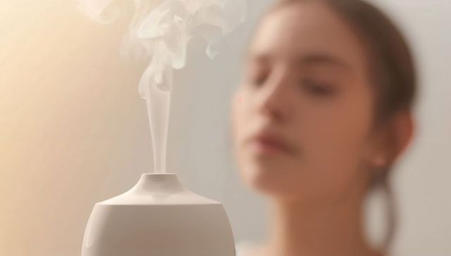 Minimal white aromatherapy diffuser releasing gentle mist, blurred woman relaxing