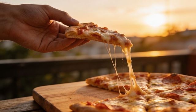Hand lifting pepperoni pizza slice with stretching cheese at sunset on balcony