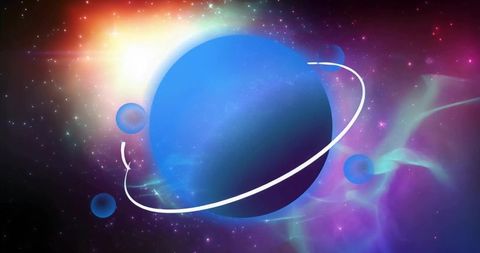 Glowing blue planet with white ring and orbiting moons in colorful cosmic nebula backdrop