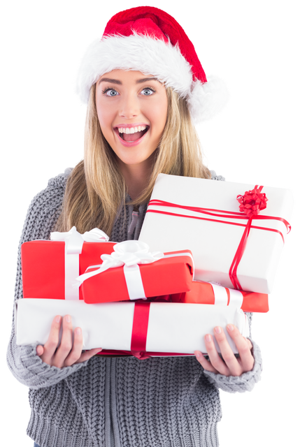 Cheerful Woman in Santa Hat Holding Holiday Presents Transparent Background - Download Free Stock Videos Pikwizard.com