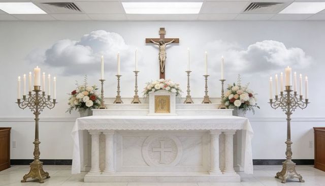 Central white marble altar displaying crucifix, tabernacle and lit candlelight in chapel
