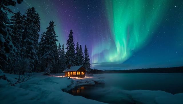 Wooden Cabin Illuminated by Aurora Borealis Beside Frozen Lake