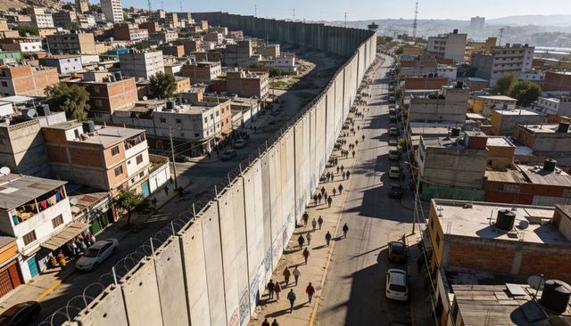 Concrete border wall with razor wire cutting through urban neighborhood with pedestrians