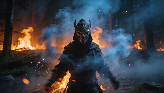 Hooded horned warrior standing in burning forest night wearing ornate metal mask and cloak