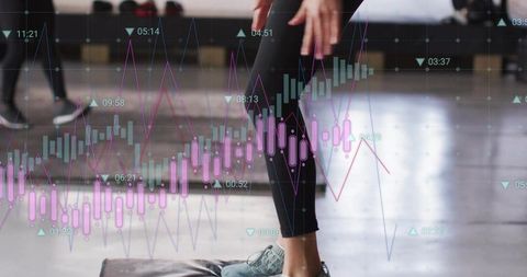Balancing on fitness step with overlaid market charts and performance analytics