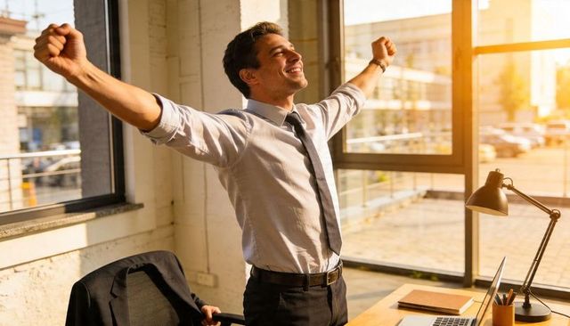 Young businessman stretching at desk in sunlit office celebrating productivity and success