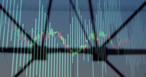 Abstract financial graphs overlaying lattice tower silhouette