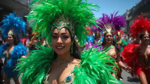 Lead Dancer Walking and Dancing in Vibrant Green Feathered Carnival Parade