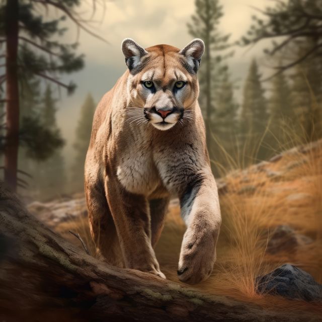 A majestic mountain lion strides confidently in its natural habitat. Its piercing gaze and muscular build emphasize the predator's grace and power in the wild.