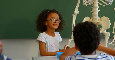 Curious Schoolgirl Giving Skeleton Model Presentation in Classroom - Download Free Stock Images Pikwizard.com