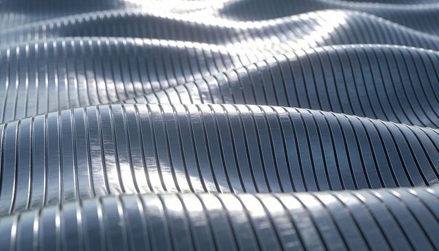 Reflecting ribbed metal panels forming undulating chrome surface with glossy specular highlights