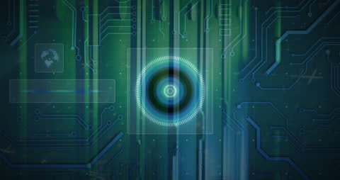 Futuristic Circuit Board Interface with Glowing Holographic Display