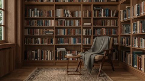 Cozy Library Corner with Wooden Armchair and Blanket