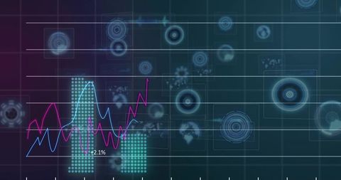 Neon Data Visualization Dashboard With Rising Line Charts, Teal Dot Bars and Futuristic HUD