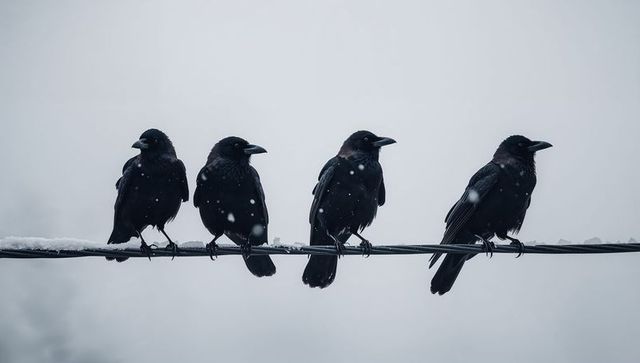 Four ravens perched on snow-dusted wire facing different directions in winter