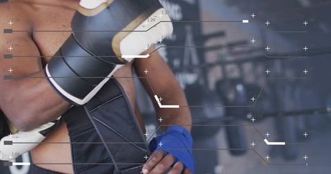 Shirtless Male Boxer Training with Focus Mitts and Blue Hand Wraps, Dynamic Gym Overlay
