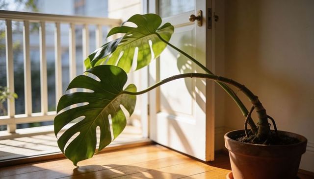 Sunlit monstera leaning toward open door casting leaf shadows on warm hardwood floor