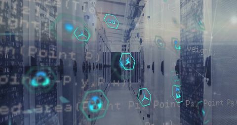 Eco tech icons and data processing in server background