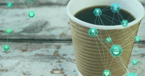 Disposable coffee cup with teal digital network overlay on rustic weathered wooden table