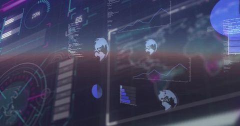 Futuristic Holographic Data Dashboard Displaying Global Analytics, Charts and Code UI